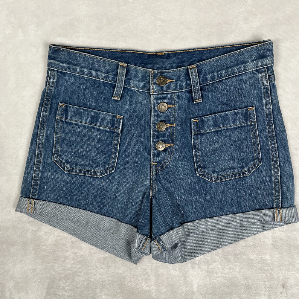 Levi's Denim Shorts Womens 28 Blue High Rise Button Fly Cuffed Cutoff Orange Tab